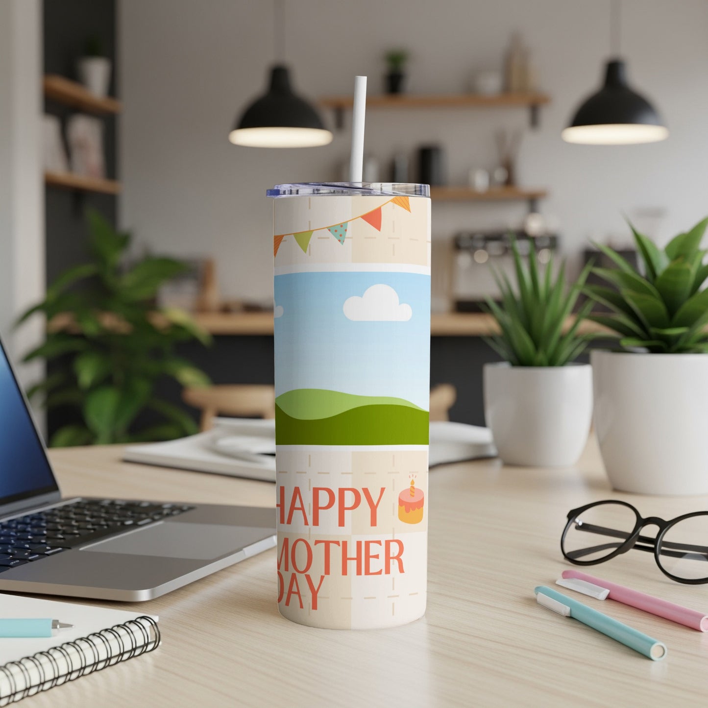 Tumbler with "Happy Mother Day" text, a cake icon, and a landscape scene.