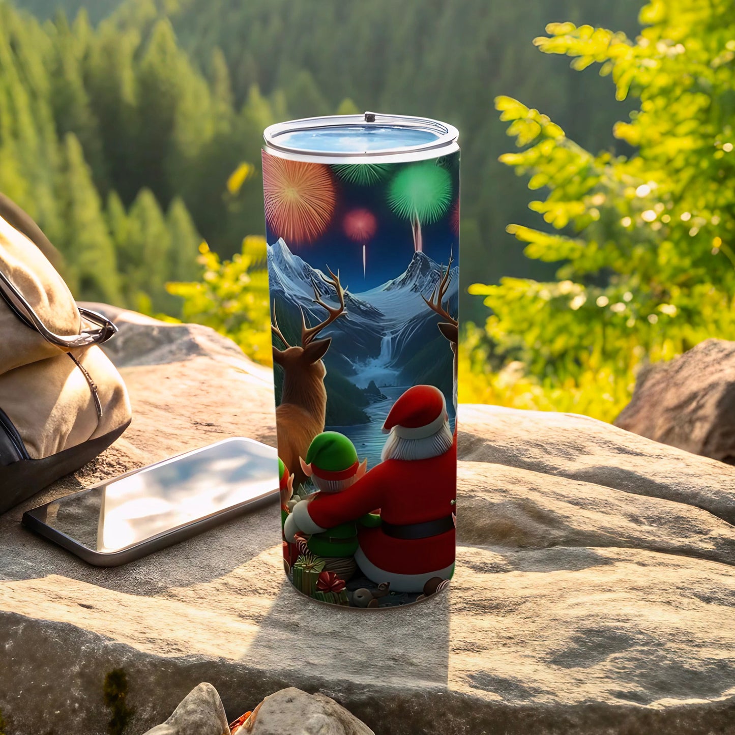 Festive Fireworks Santa and Reindeer Tall Tumbler