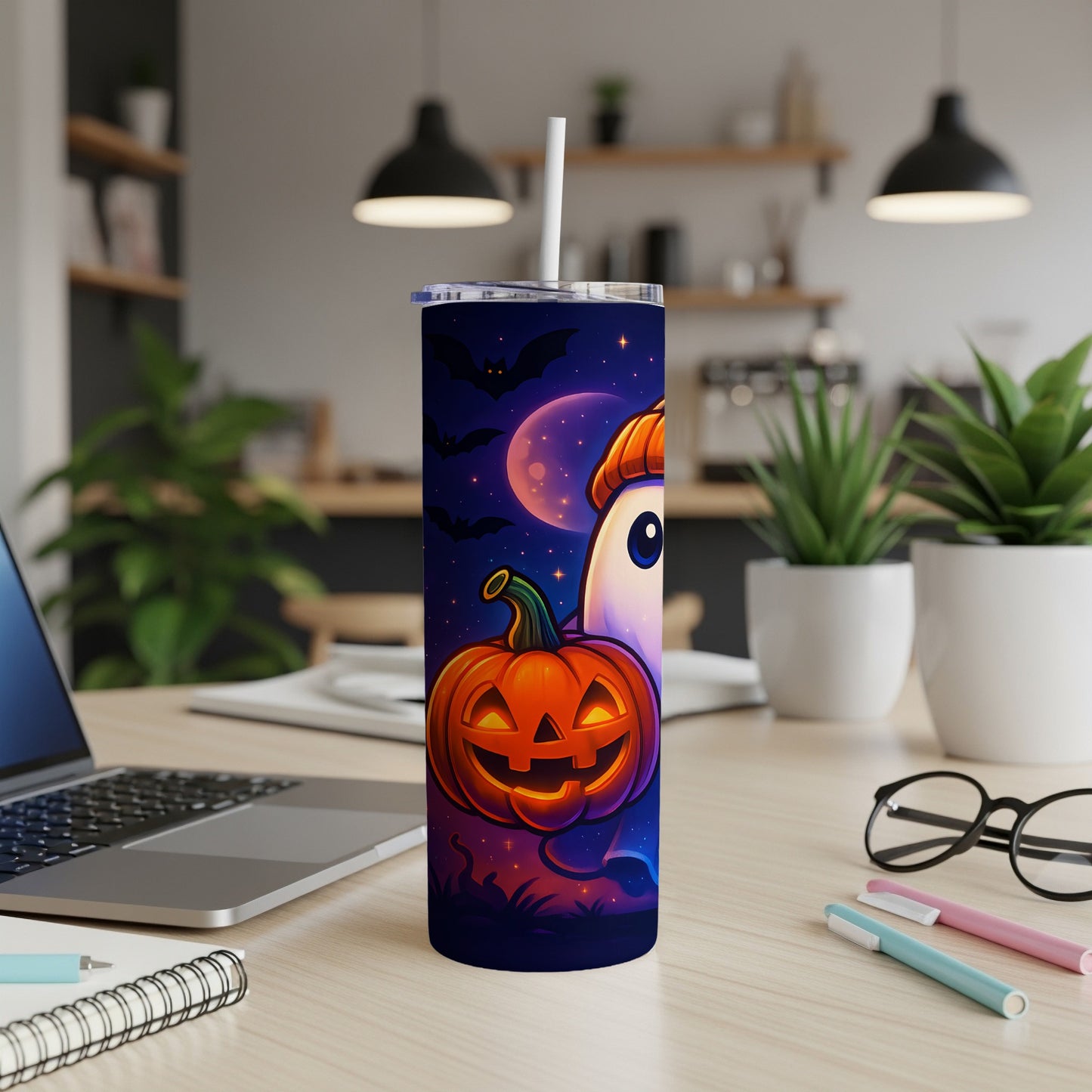 Halloween tumbler with jack-o-lantern, ghost, and bats under a full moon.