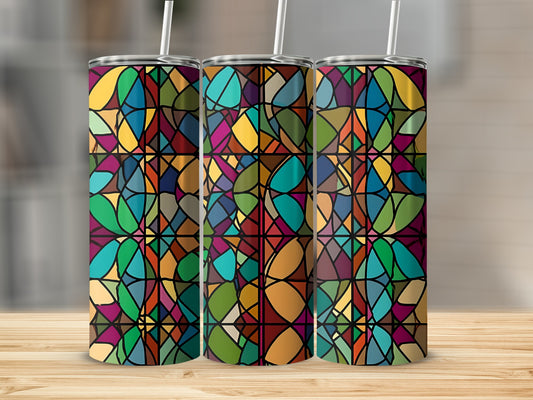 Three tumblers with colorful stained-glass pattern on wooden surface.