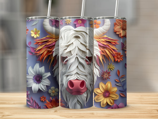 3D Highland cow face with floral accents on a tumbler.