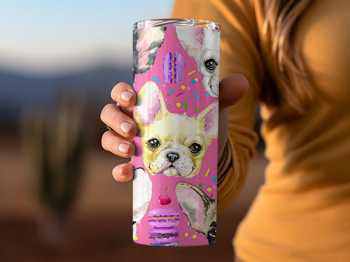 French Bulldogs Macarons Donuts Hot Pink Food Watercolors Tumblers