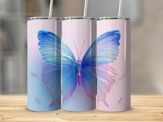 Three tall tumblers featuring a shimmering blue butterfly design.