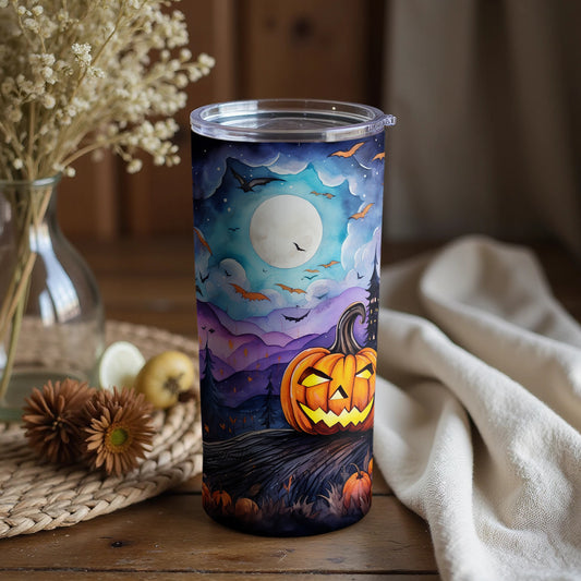 Spooky Halloween Night Theme Tumbler with Pumpkin