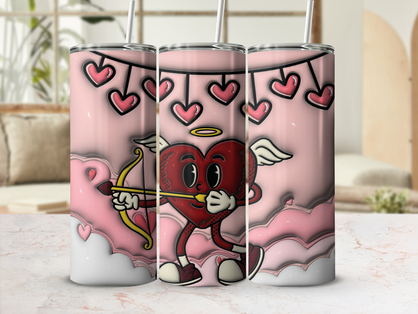 Cute Pink Heart Cartoon Tumbler with Wings and Bow Drawing