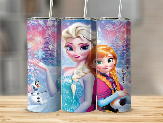 Elsa and Anna from Frozen with Olaf, surrounded by snow and colorful lights.