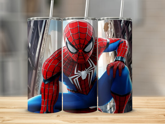 Three Spider-Man tumblers with cityscape background.
