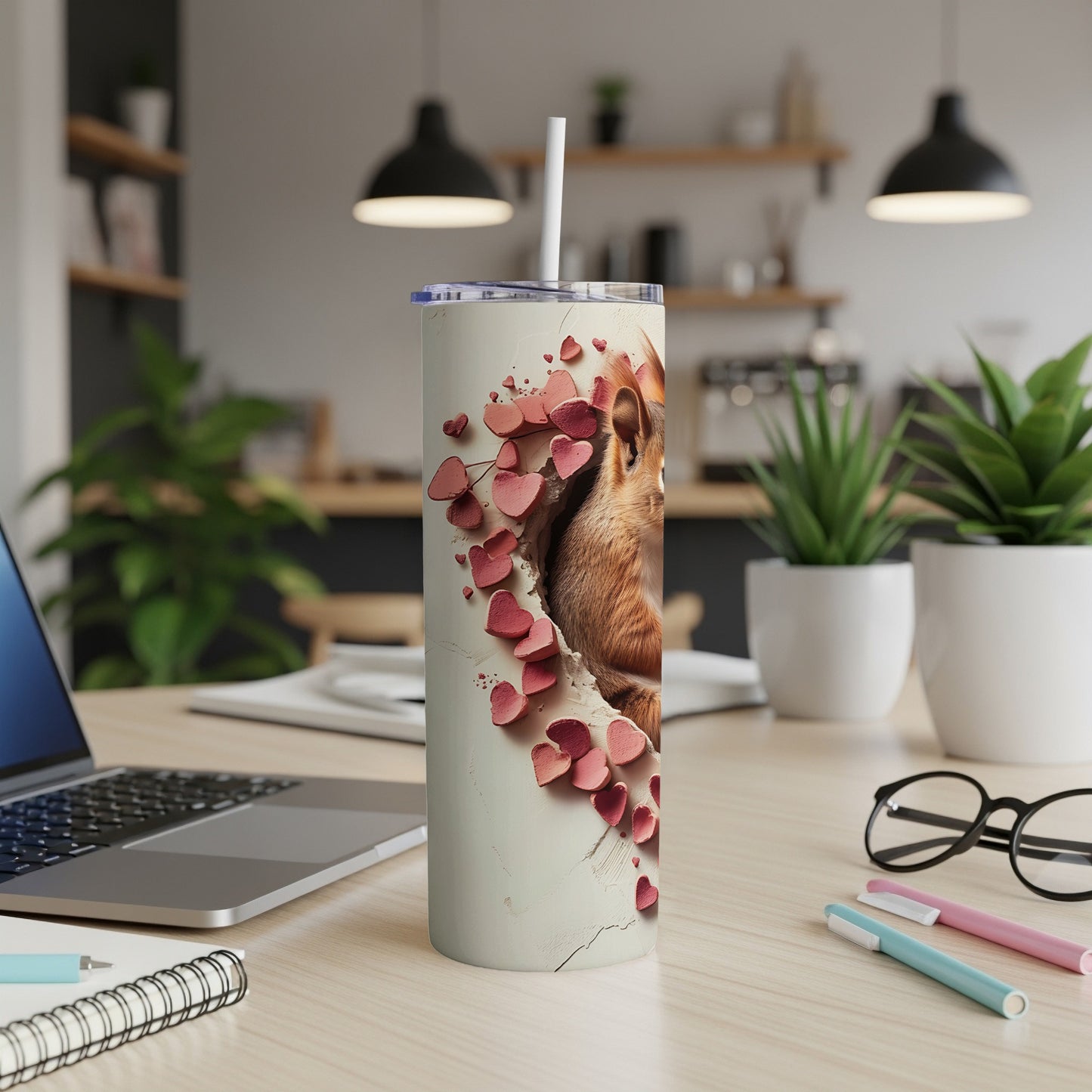 Tumbler with close-up of a dog's face surrounded by heart shapes.