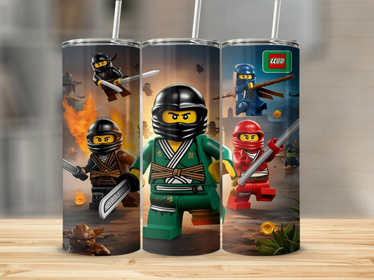 Three Lego Ninjago characters in action poses with swords and nunchucks.
