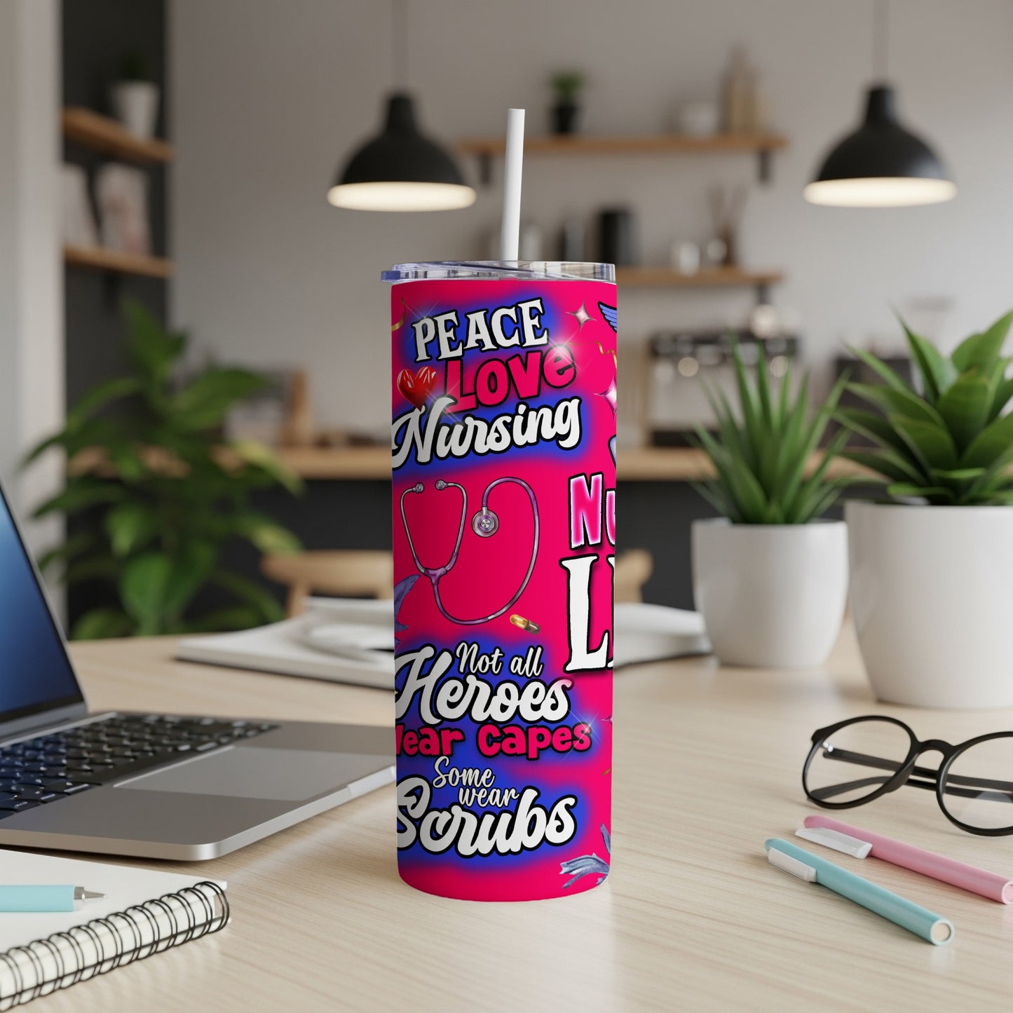 Pink tumbler with "Peace, Love, Nursing" and stethoscope design.