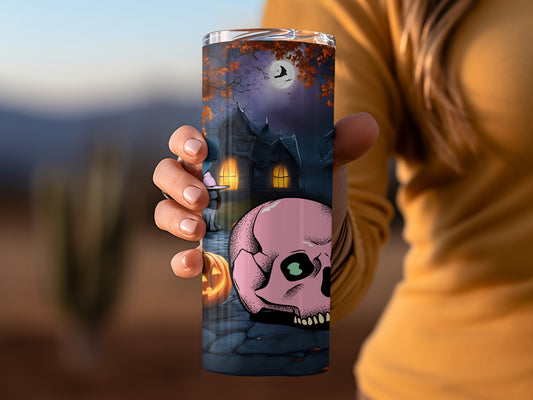 Spooky Halloween Skull and Pumpkin Tumbler Cup