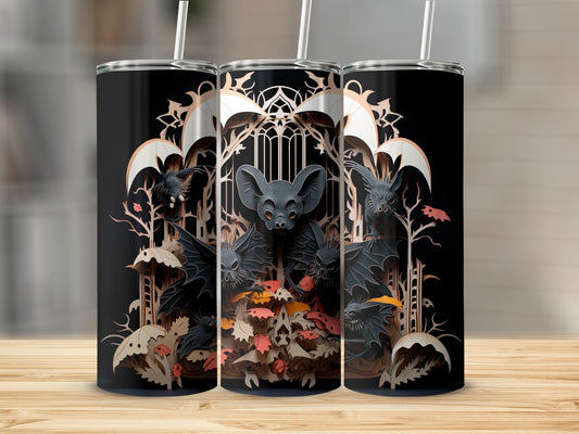 Tumbler with black background featuring gothic bats, trees, and ornate archways.