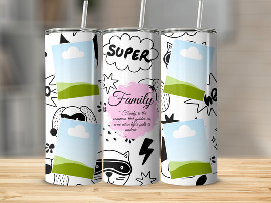 Tumbler with "Super Family" and quote, featuring cartoon designs and photo placeholders.