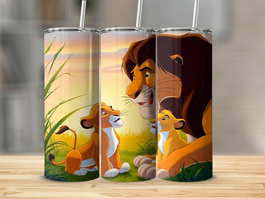 The Lion King characters Simba and Mufasa in a grassy savanna.