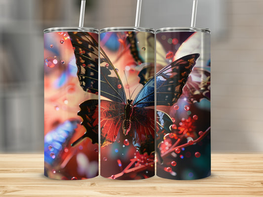 Three tumblers featuring vibrant butterfly wings and bokeh effects.