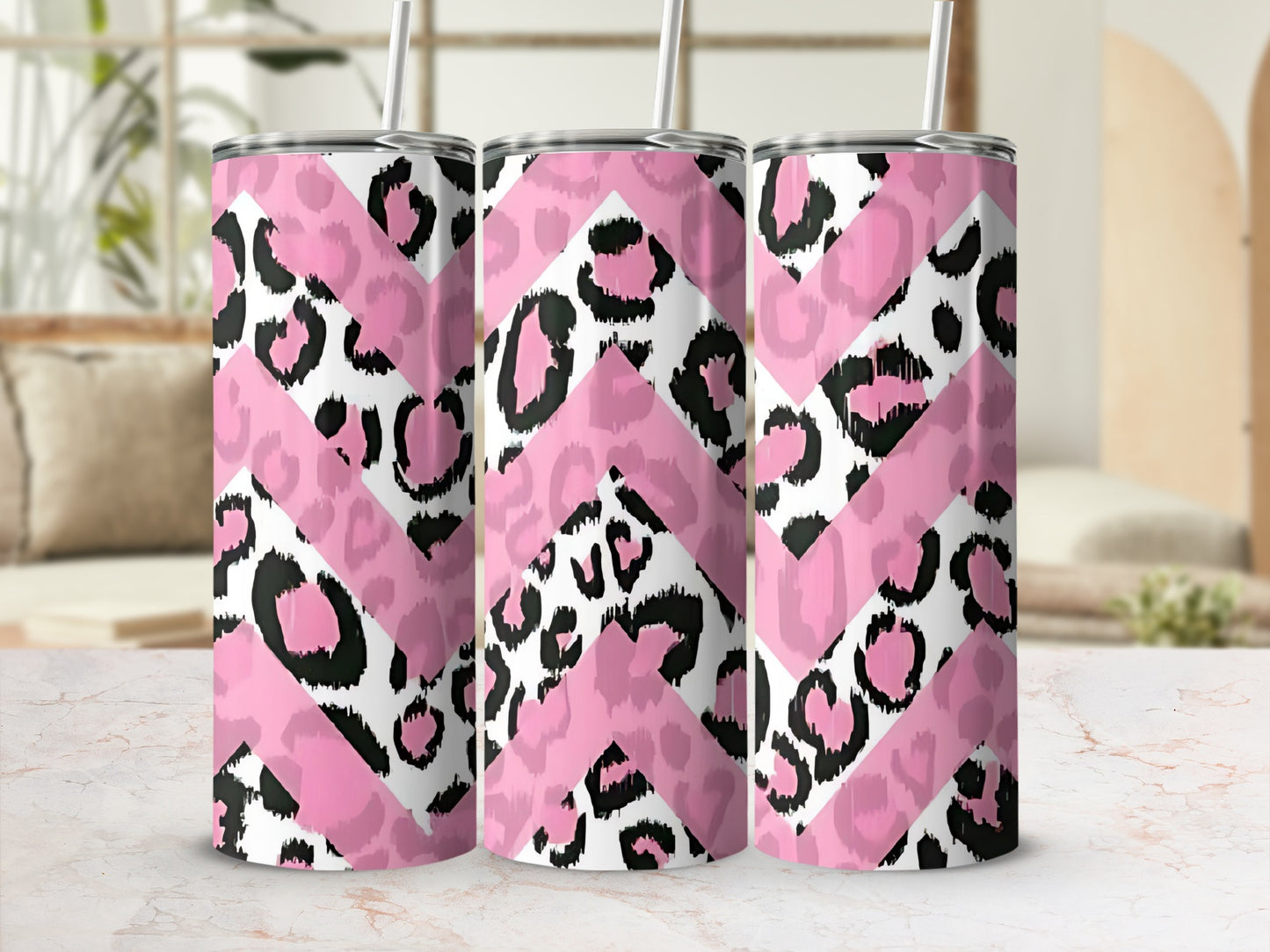 Pink Zigzag Leopard Print Travel Tumbler Cup