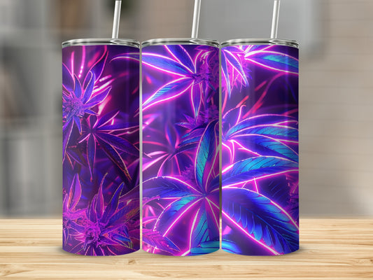 Three tumblers with neon purple and blue cannabis leaf pattern.