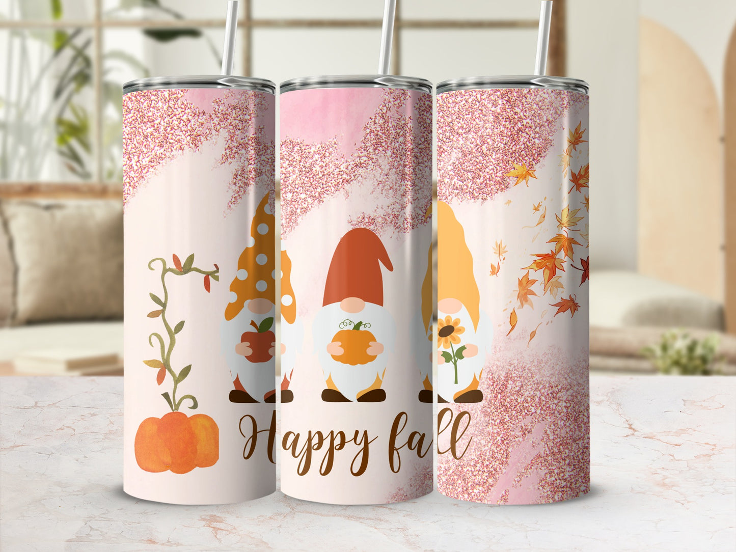 Happy Fall Gnomes with Pumpkins and Leaves Tumbler
