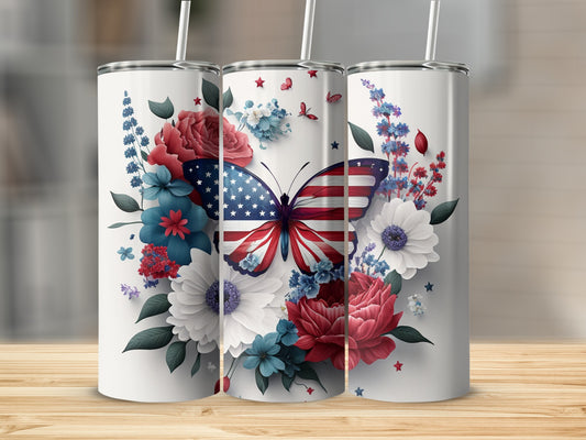 USA flag butterfly and floral design on three white tumblers.
