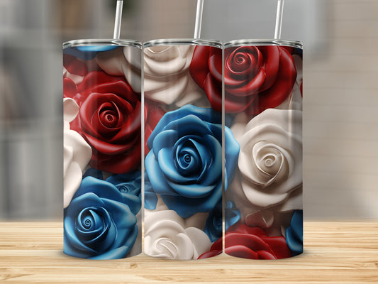 Three tumblers with red, white, and blue rose designs stand on a wooden surface.