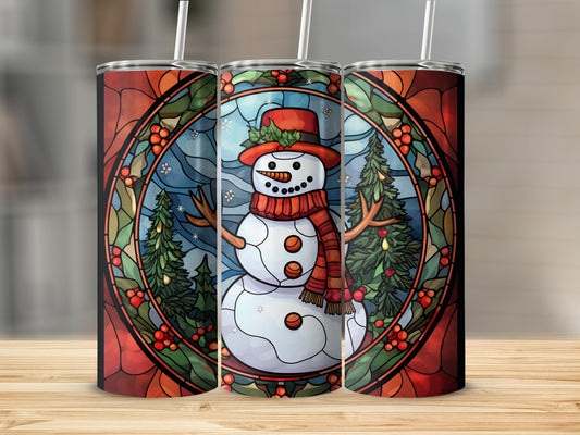 Three stained glass tumblers featuring a snowman and Christmas trees.