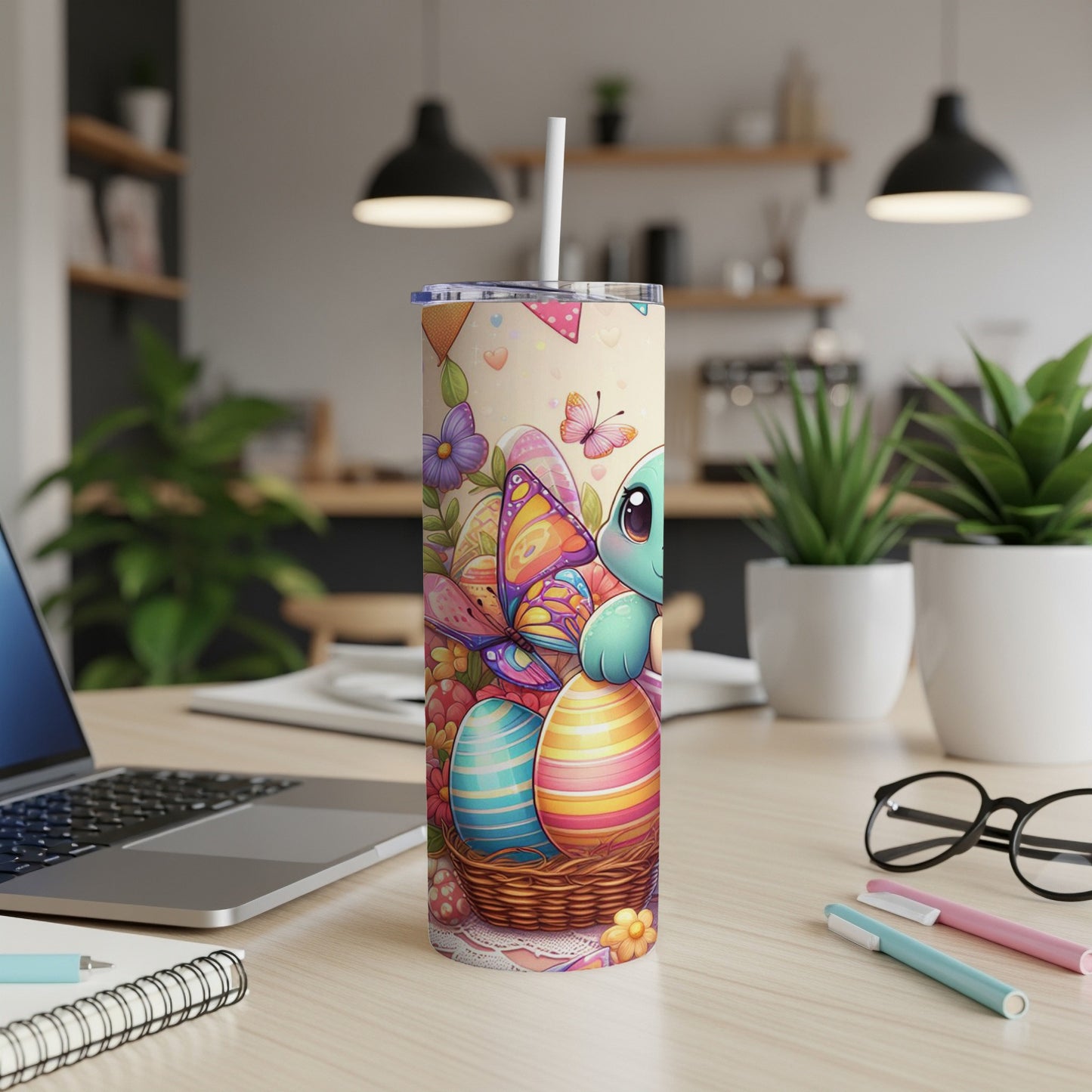 Easter tumbler with cartoon bunny, painted eggs, and butterflies.