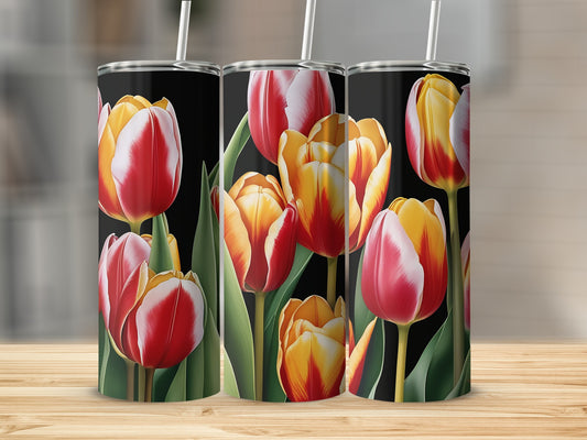 Three tumblers featuring a close-up of red and yellow tulips against a black background.