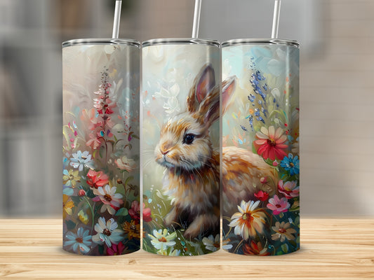 Triptych of tumblers featuring a rabbit amidst a watercolor floral garden.