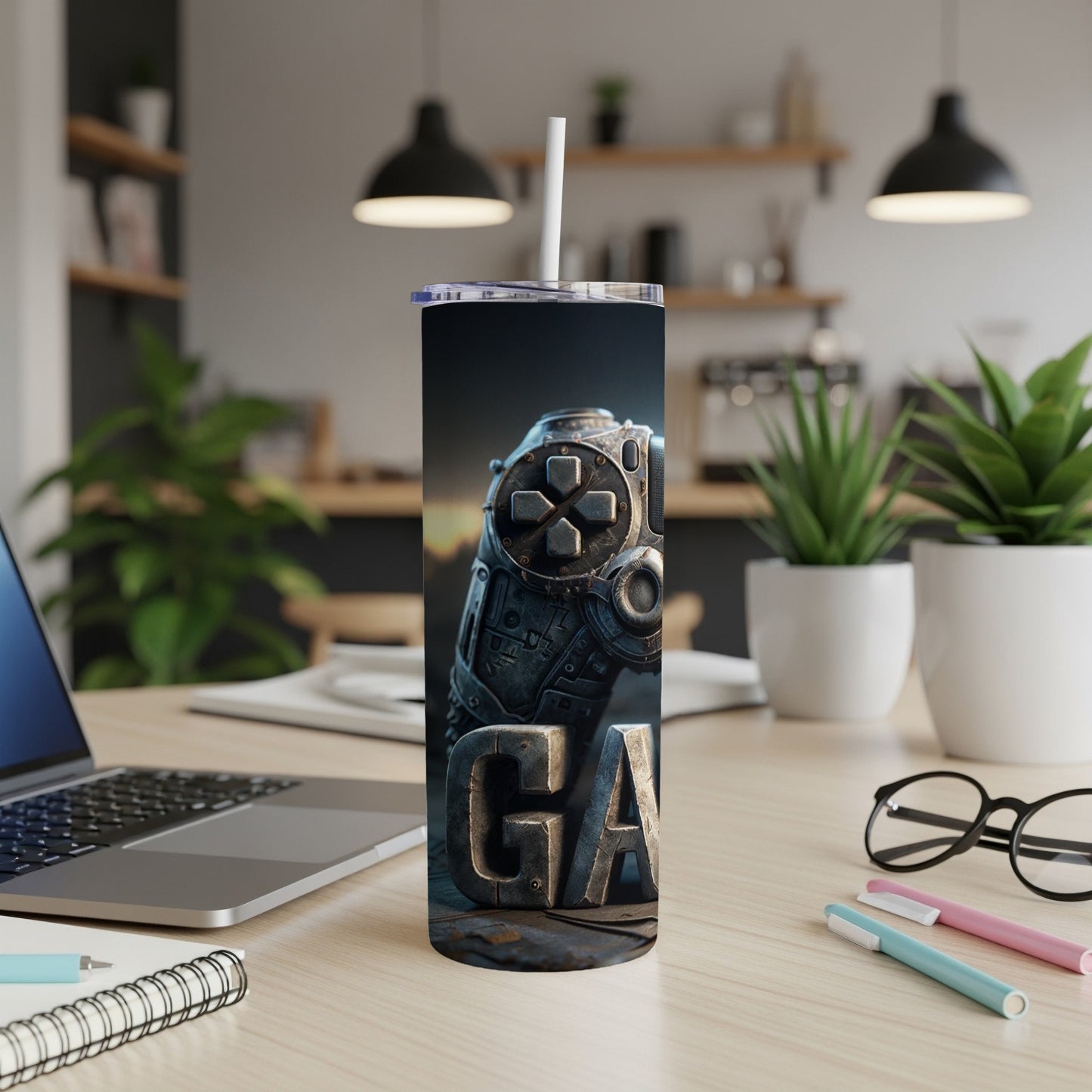 Tall tumbler with a distressed video game controller design and "GAME" text.