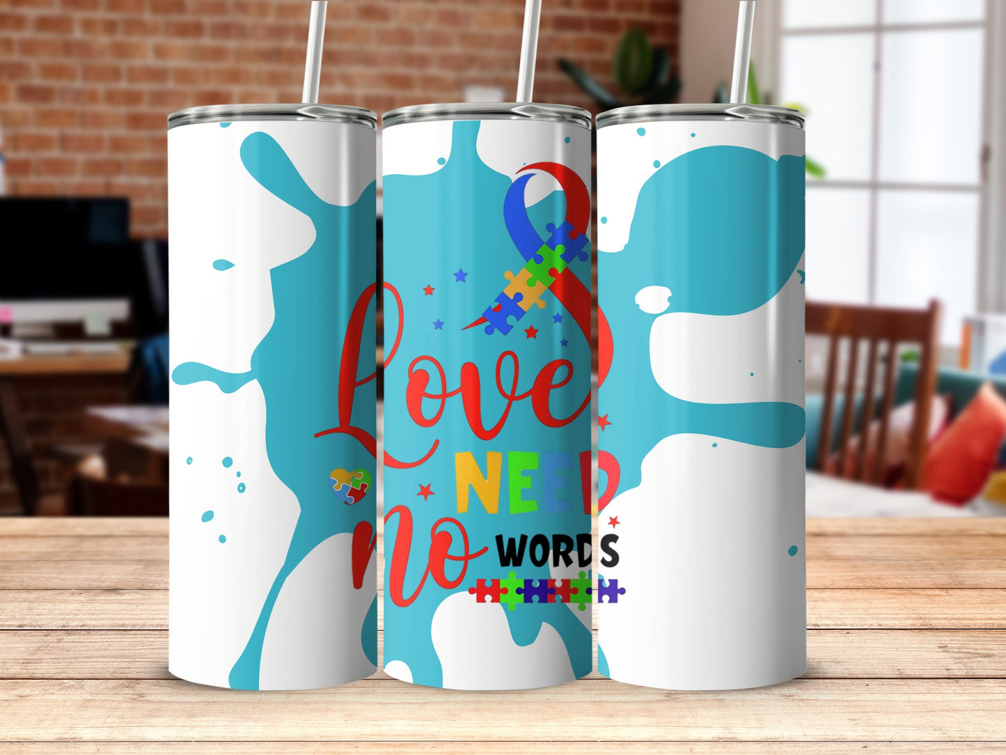 Love Need No Words Tumblers with Colorful Puzzle Pieces