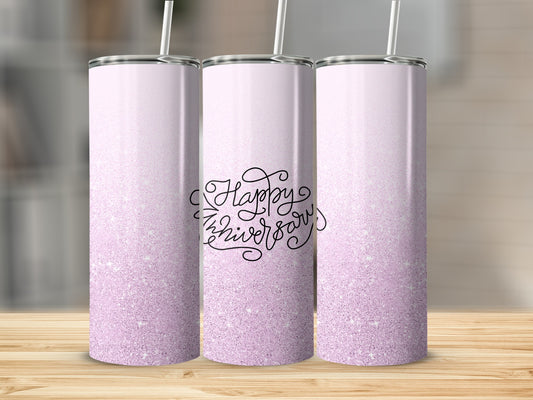 Pink glitter tumbler with "Happy Anniversary" text.
