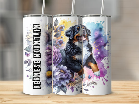 Bernese Mountain Dog with flowers and watercolor splashes on a tumbler.