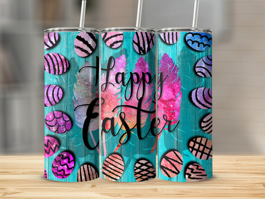 Three skinny tumblers with colorful Easter egg and feather designs.
