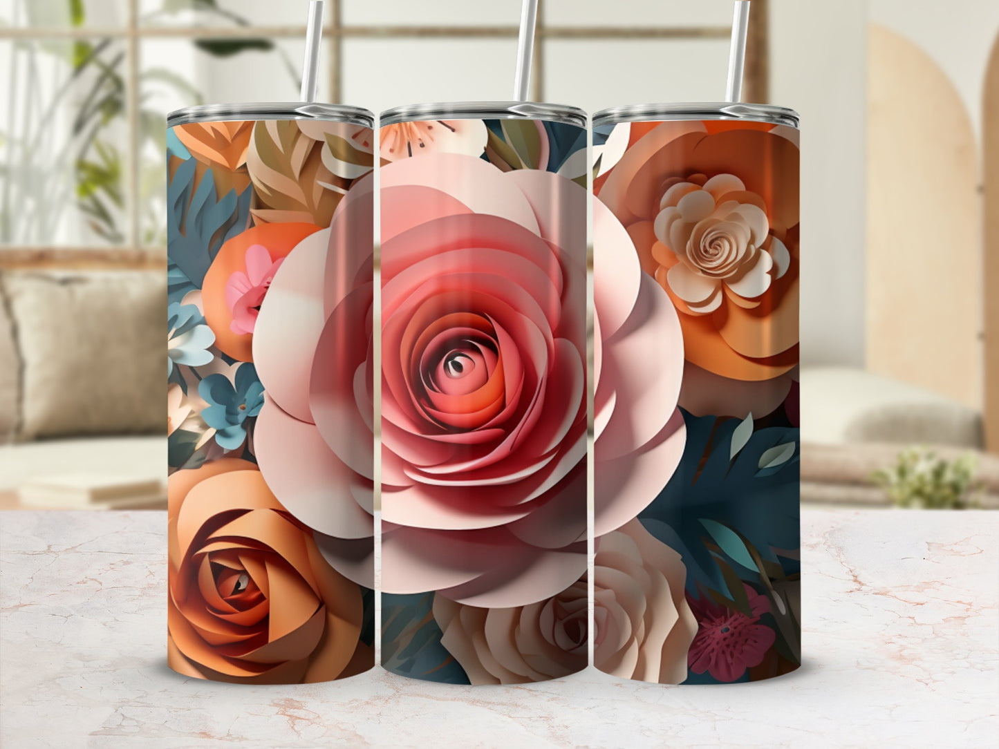 Floral Design Insulated Tumbler with Lid and Straw Thirsty