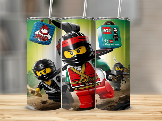 LEGO Ninjago characters Kai, Jay, and Cole on a tumbler with LEGO packaging.