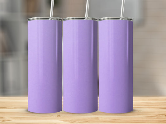 Three blank lavender tumblers with straws stand on a wooden surface.