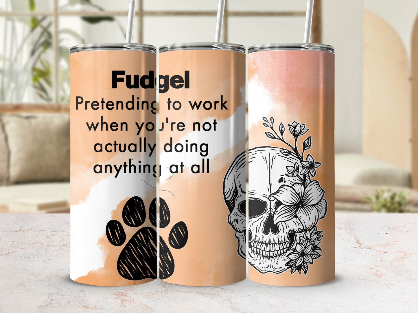 Fudgel Pretending to Work Artistic Skull Design Tumbler