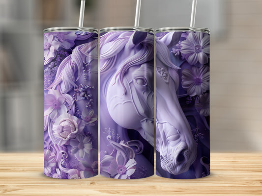 Three purple tumblers with embossed horse and floral designs.