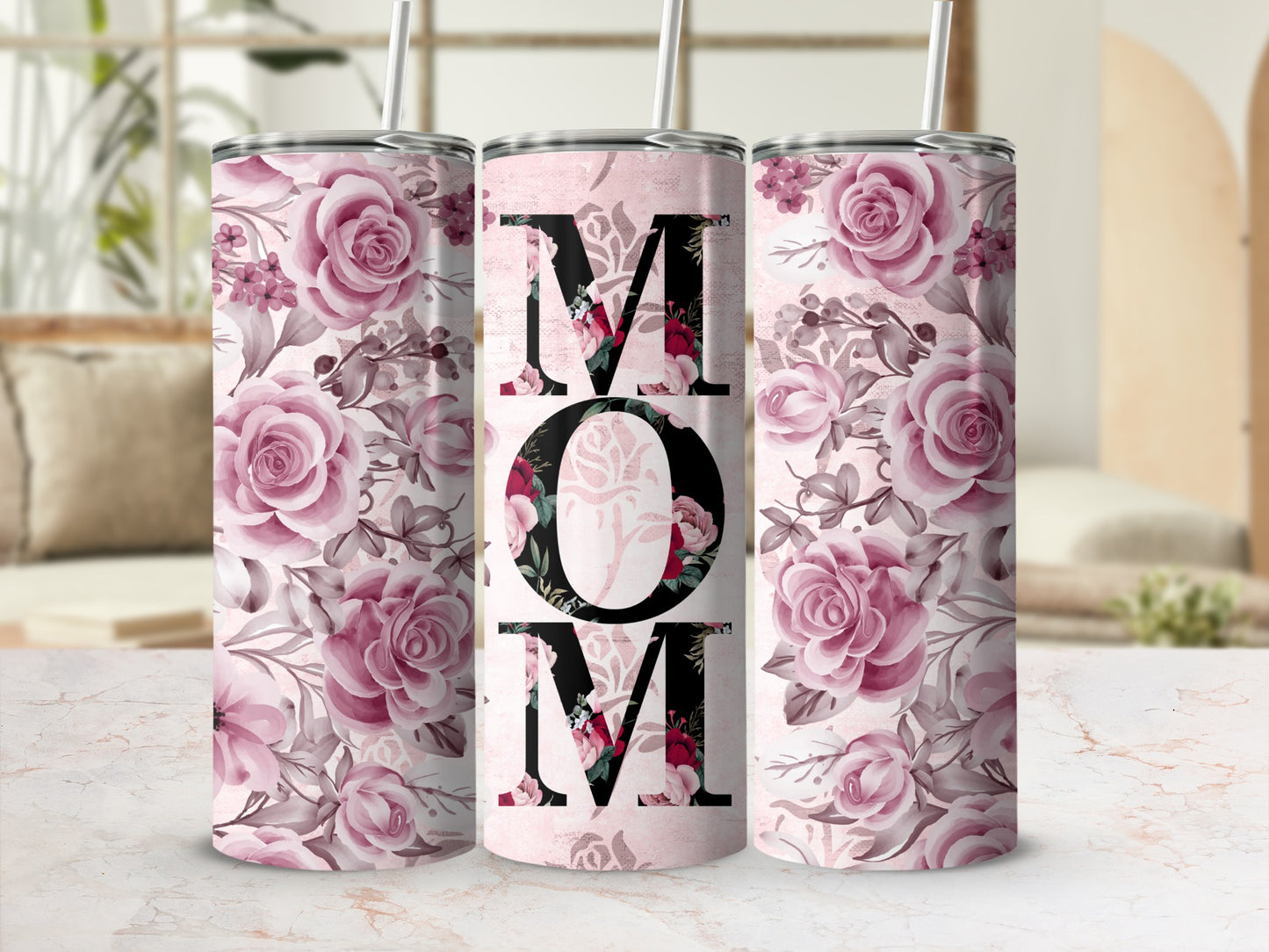 Floral Pink Roses and MOM Design Tumbler for Gifts