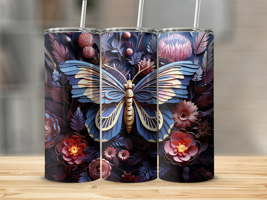 Three tumblers featuring a blue butterfly and floral design.