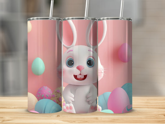 3D rendering of a white Easter bunny tumbler with colorful eggs.