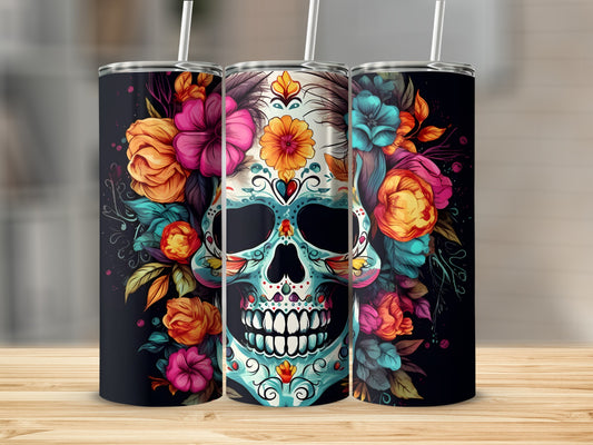 Sugar skull with vibrant floral accents on a black tumbler.