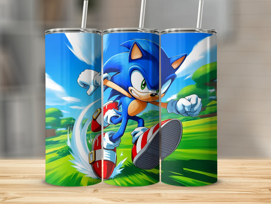 Sonic the Hedgehog running on a green, grassy background with a blue sky.