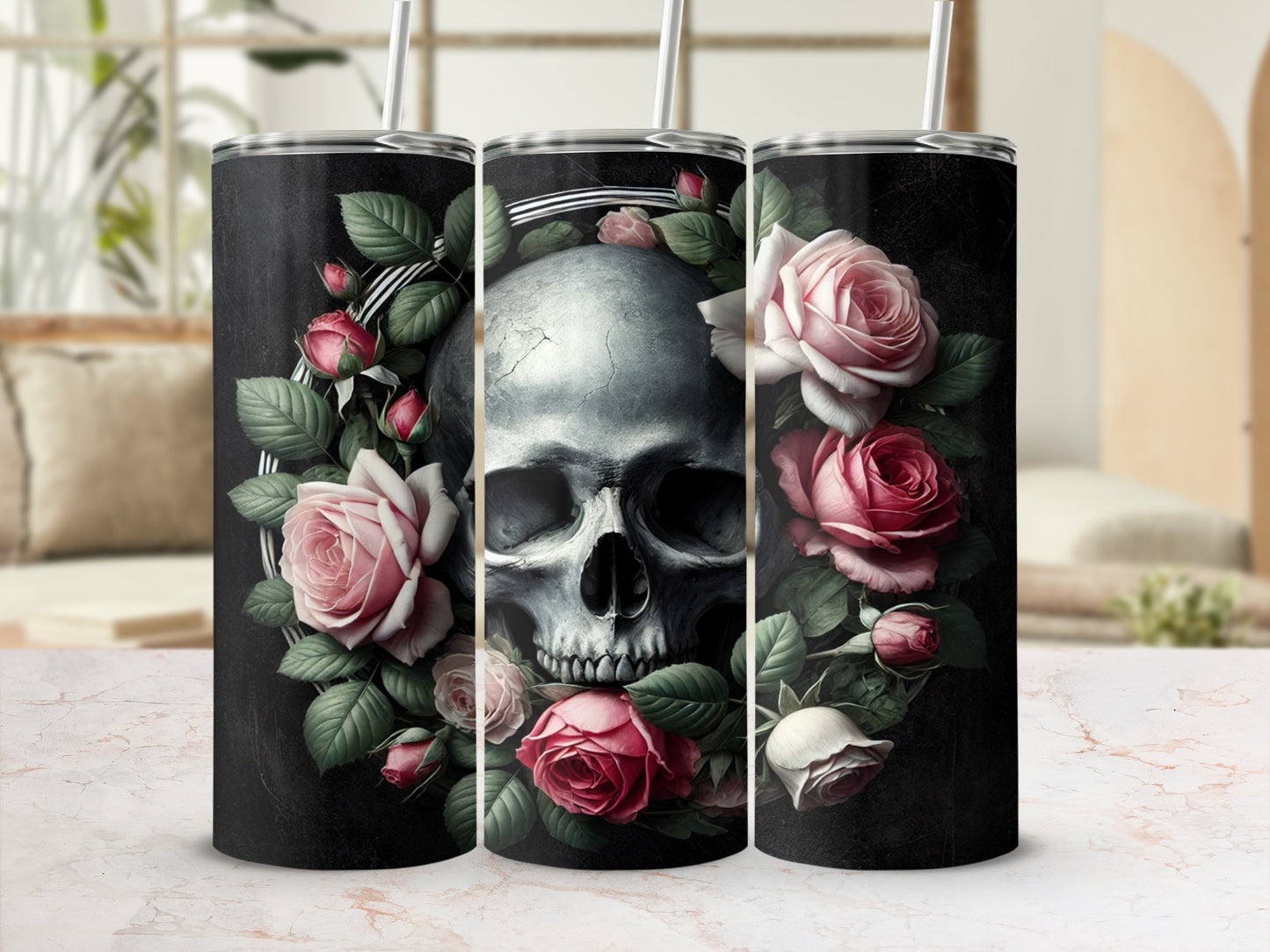 Skull and Roses Dark Floral Art Customized Tumbler