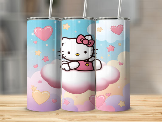 Hello Kitty on pastel clouds with hearts and stars.