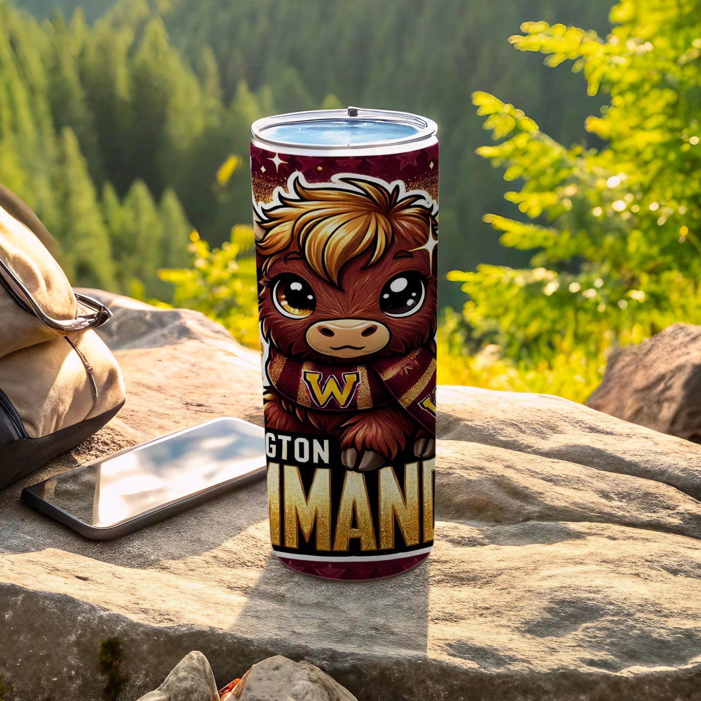 Washington Commanders tumbler with cartoon bull mascot and gold trim.