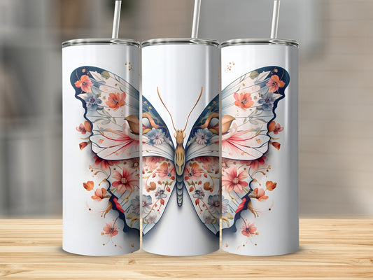 Three white tumblers featuring a detailed butterfly with floral wing patterns.