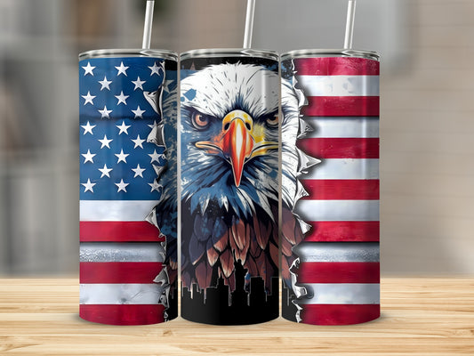 Three patriotic tumblers featuring American flag and eagle designs.