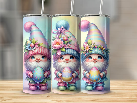 Three gnomes holding Easter eggs with striped hats and floral accents.