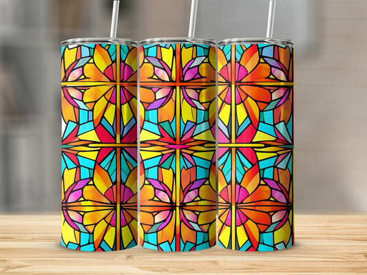 Three tumblers with a stained glass floral cross pattern.